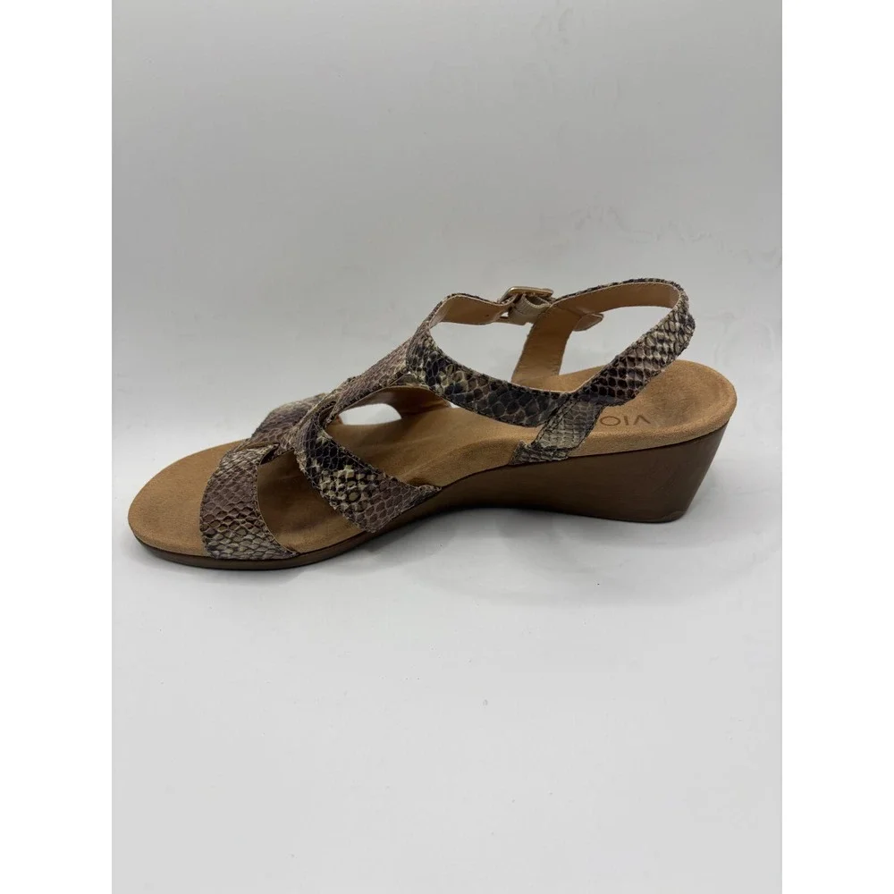 Vionic Snakeskin Strappy Wedge Sandals Brown Animal Print Orthotic Womens 9 Wide